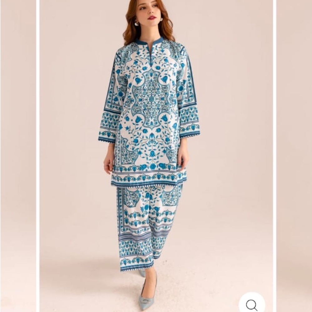 Blue and White Patterned Kurta Set